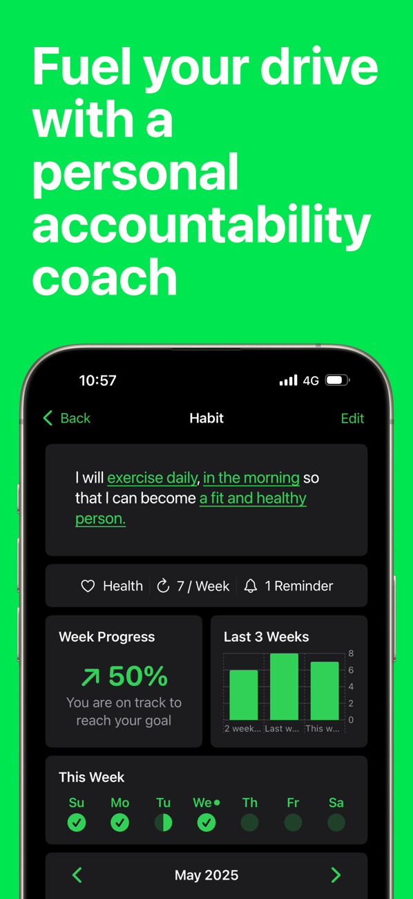 Habit detail with progress and accountability coach