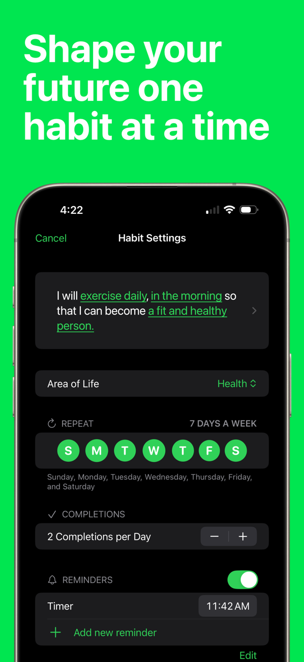 Habit settings with reminders and areas of life